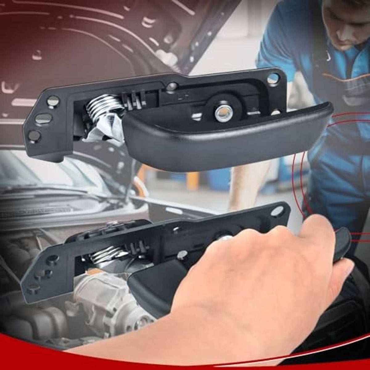 Black interior door handle with latch assembly, being installed on vehicle door panel