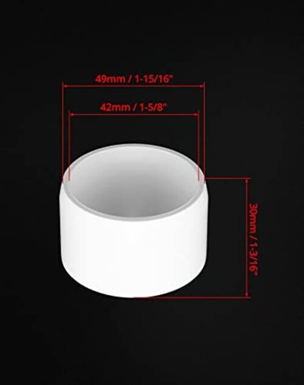 White PVC pipe end cap with size markings: 30mm height, 49mm diameter