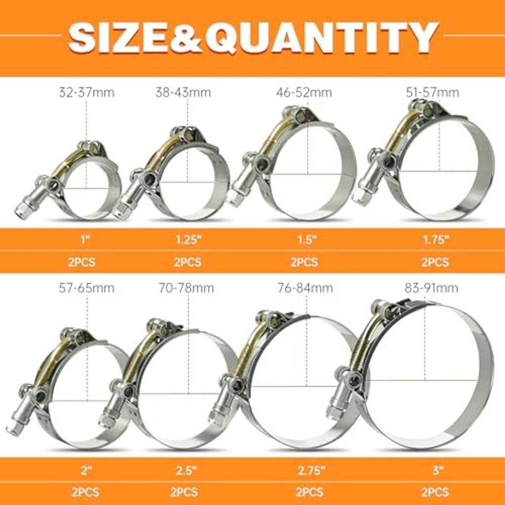 T-bolt hose clamp size and quantity chart, different clamp sizes shown