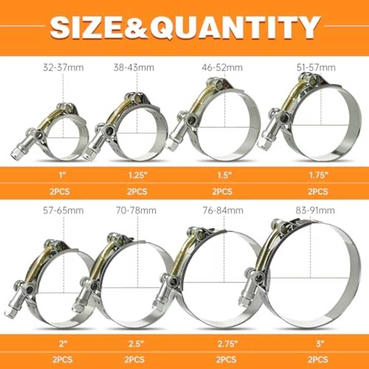 T-bolt hose clamp size and quantity chart, different clamp sizes shown