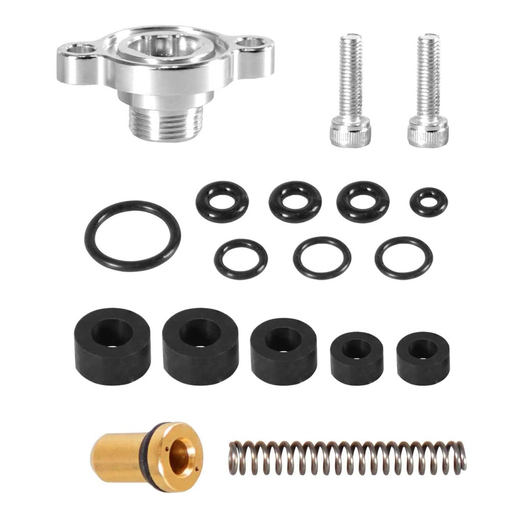 Fuel pressure regulator kit with assembled valve, spring, bolts, and black O-rings