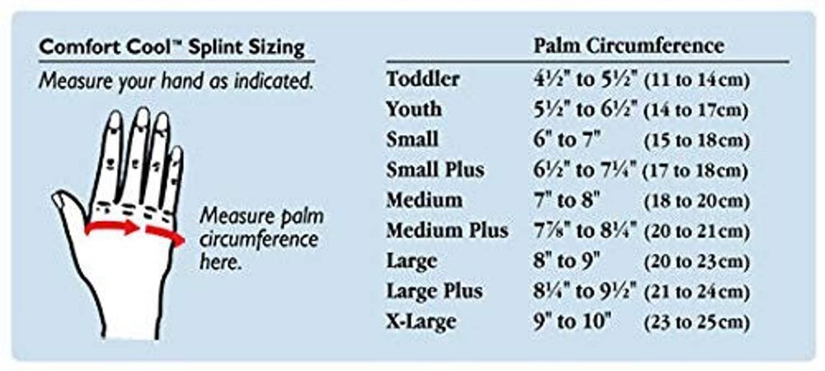 Comfort Cool splint sizing chart with palm circumference measurements