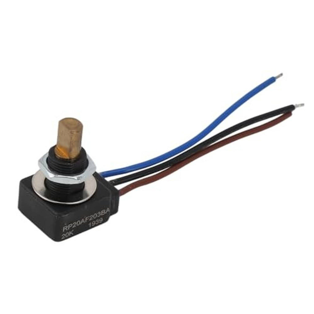 Adjustable resistor with brass top on black base, with blue and black lead wires