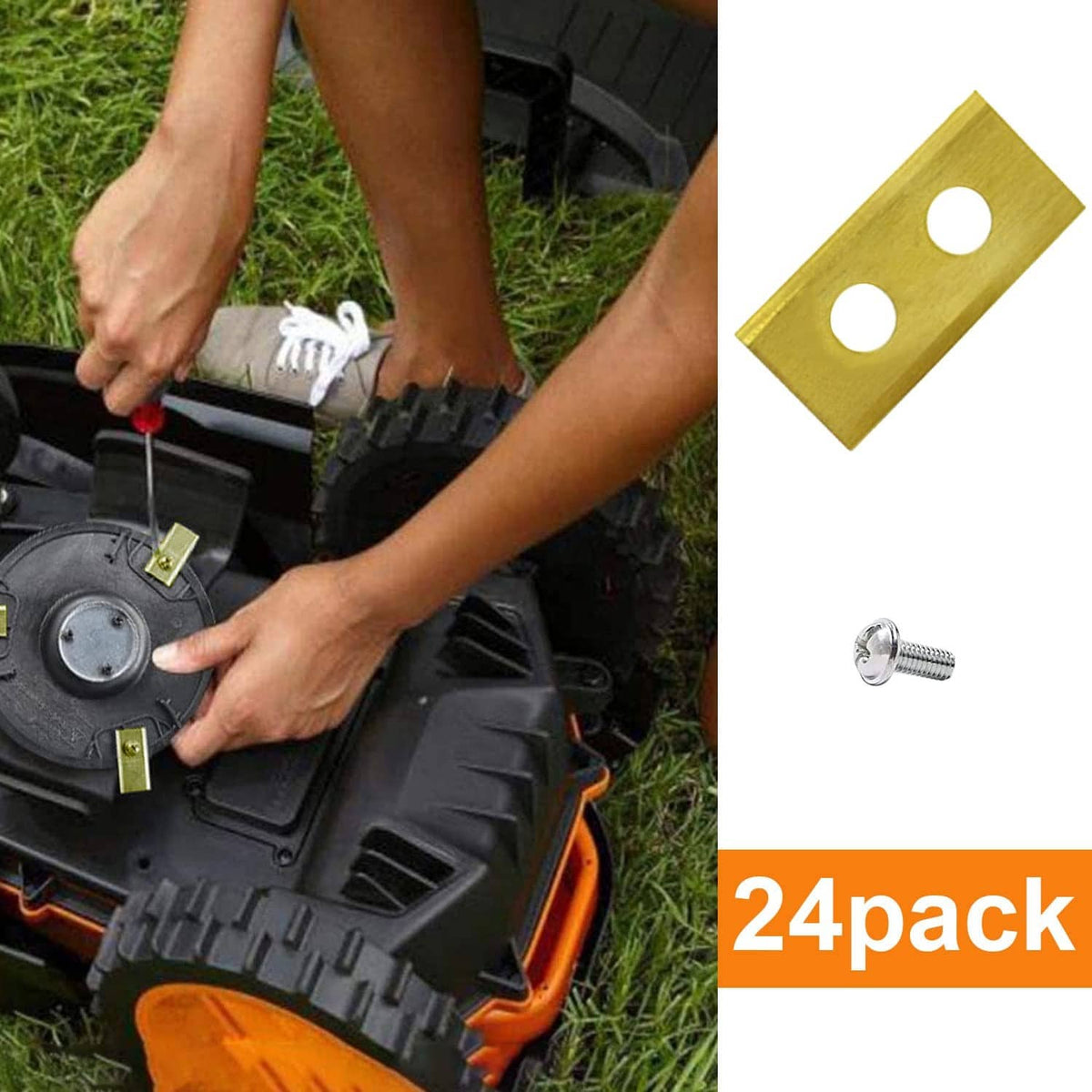Gold replacement mower blades and screws set, shown during robotic mower installation