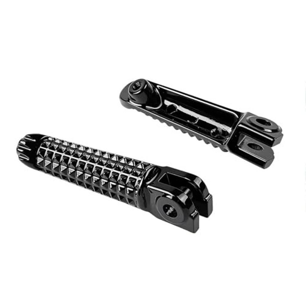 Front passenger foot peg set, black aluminum footrests with diamond anti-slip tread