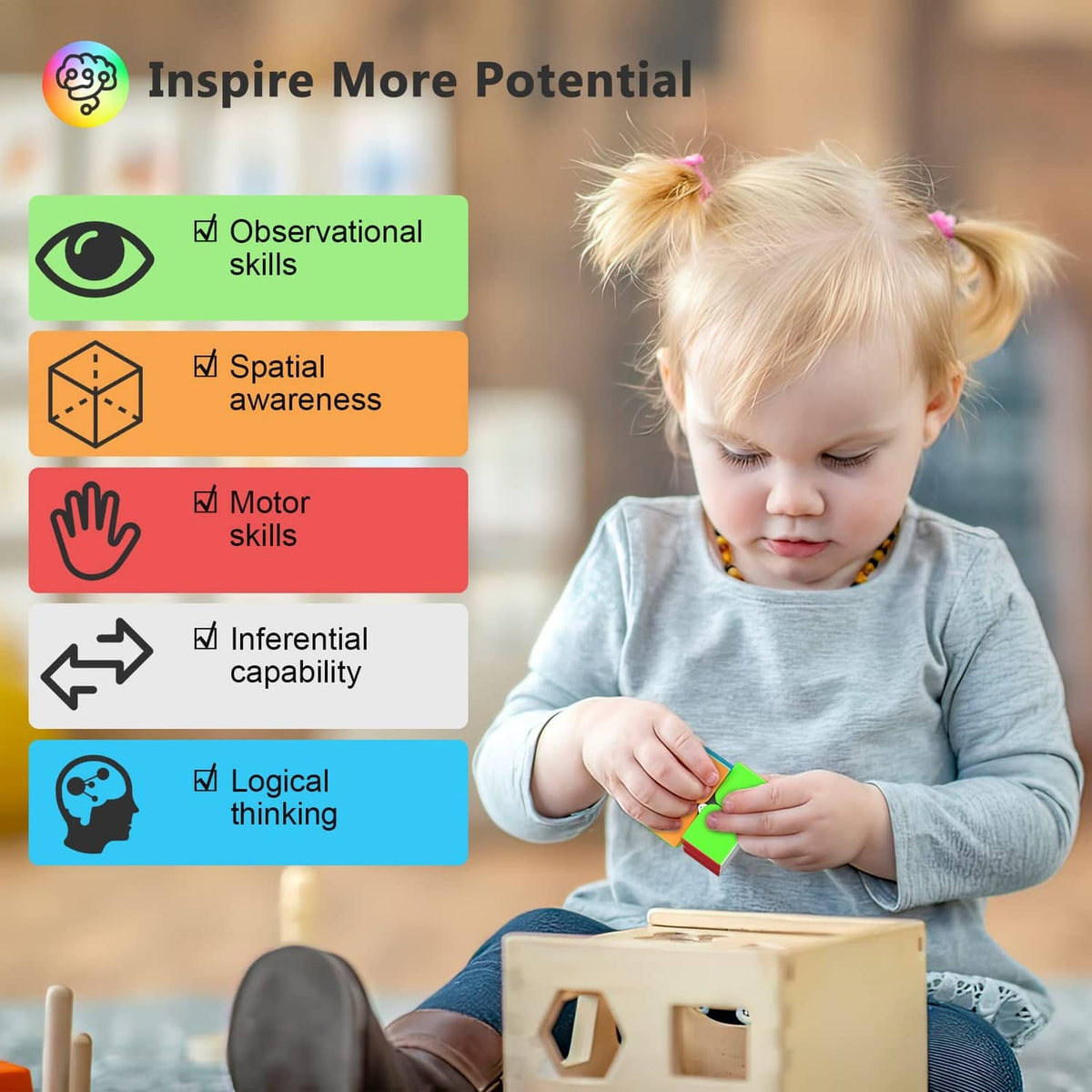 Toddler playing with a multicolor speed cube set while seated and holding a cube
