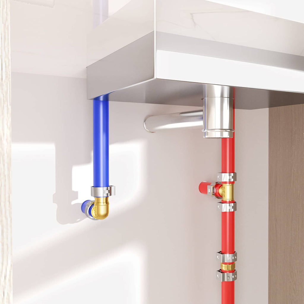 1/2 in brass clamp-style elbow fitting connecting plumbing pipes