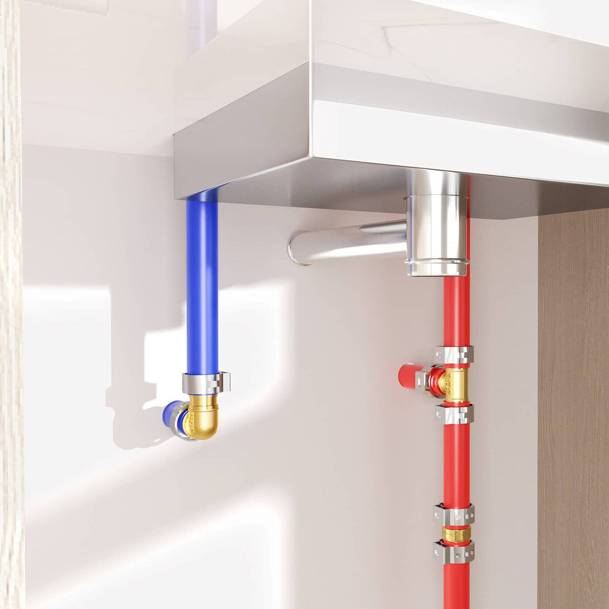 1/2 in brass clamp-style elbow fitting connecting plumbing pipes