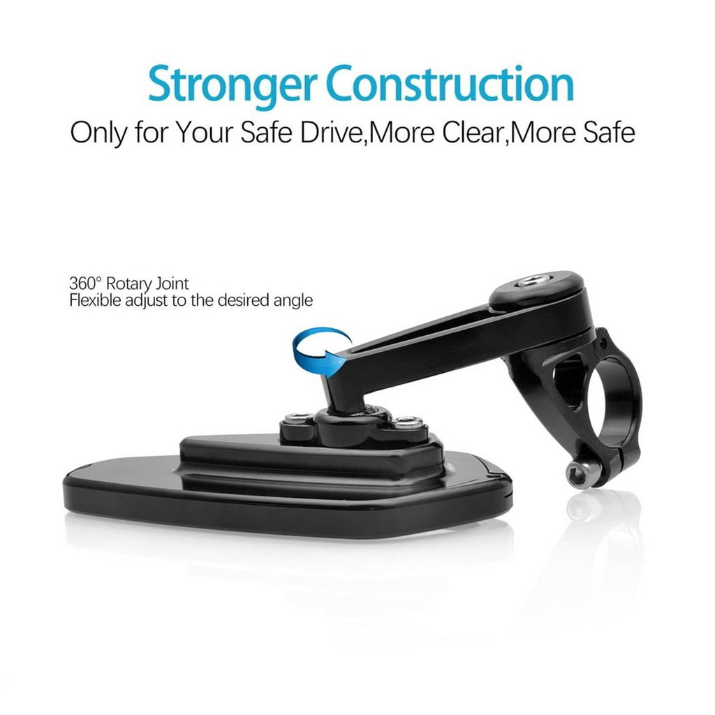 Black bar-end mirror assembly with 360° adjustable rotary joint and base mount.
