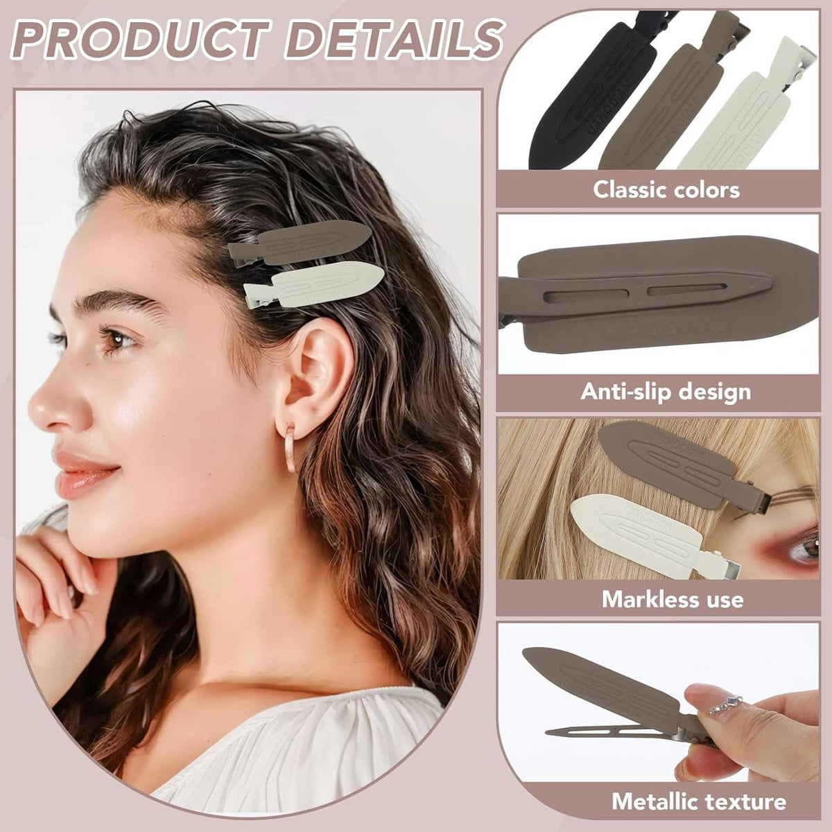 Anti-slip hair clip details: matte brown, black, and white barrettes