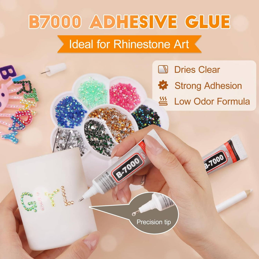 B7000 adhesive glue tube with precision tip, shown with mixed rhinestones for rhinestone art