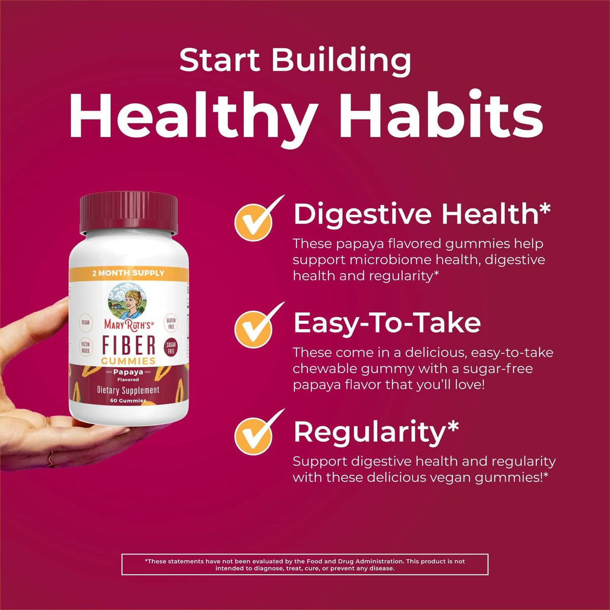 Hand holding MARYRUTH'S Fiber Gummies bottle with maroon cap, papaya flavor gummies