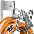 Silver hose holder with two U hooks and wall plate, securing an orange hose