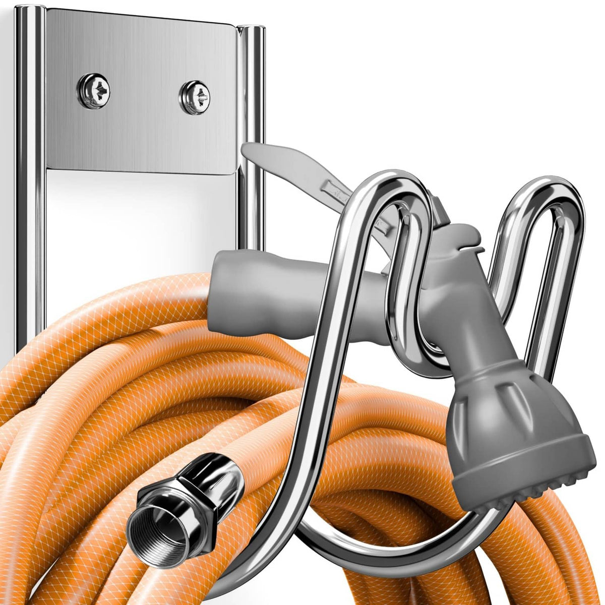 Silver hose holder with two U hooks and wall plate, securing an orange hose