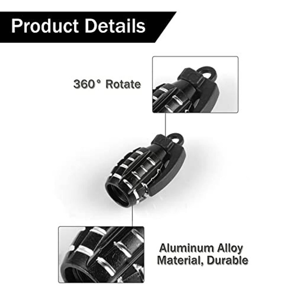 Black tire valve stem cap with rotating-style ring and ridged striped grip