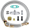 Turbo oil feed line kit with stainless braided hose, brass fittings, gasket, and hardware