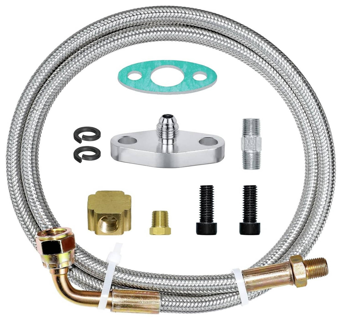 Turbo oil feed line kit with stainless braided hose, brass fittings, gasket, and hardware