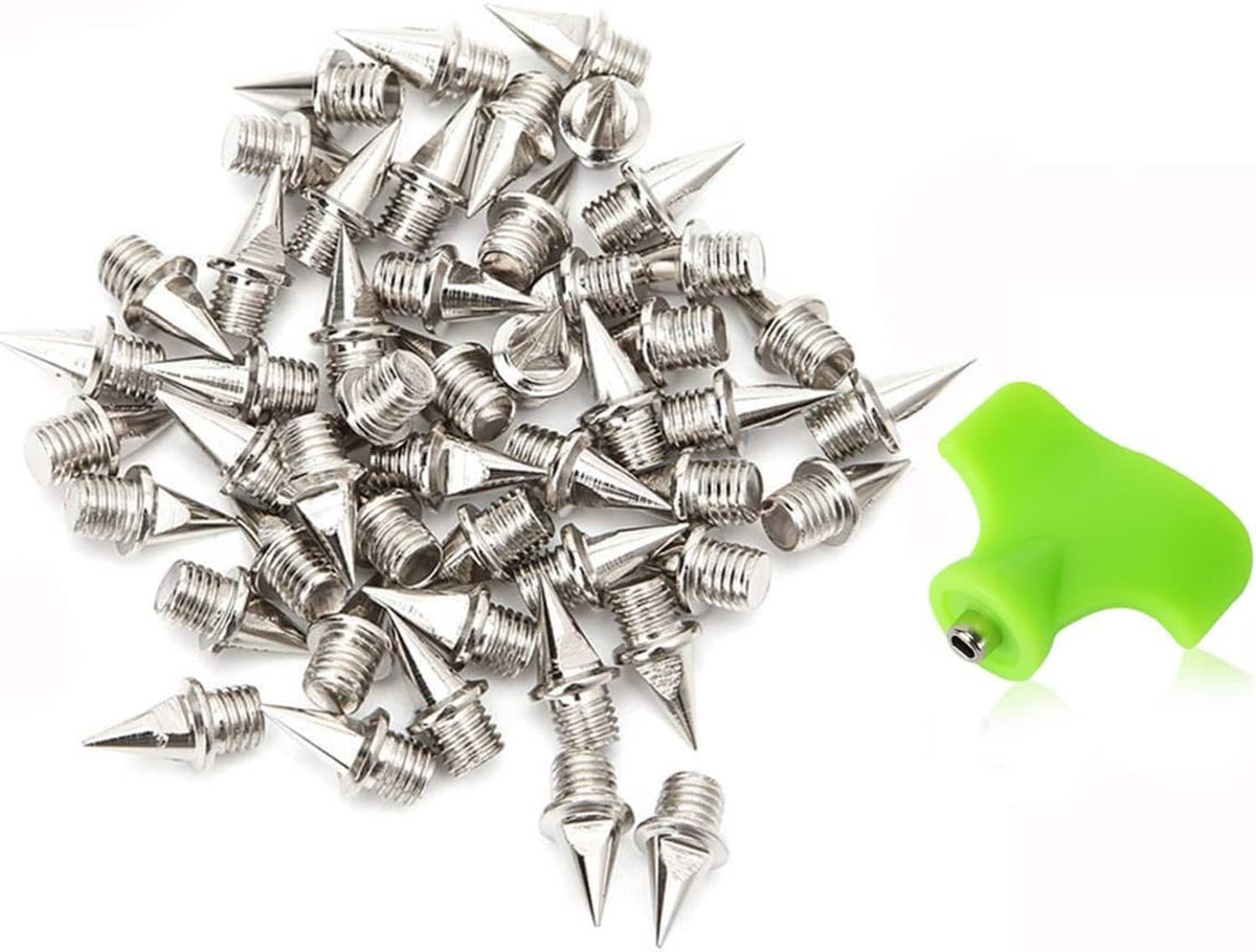 Stainless steel track and field spike studs with green spike wrench, metal tips and threads