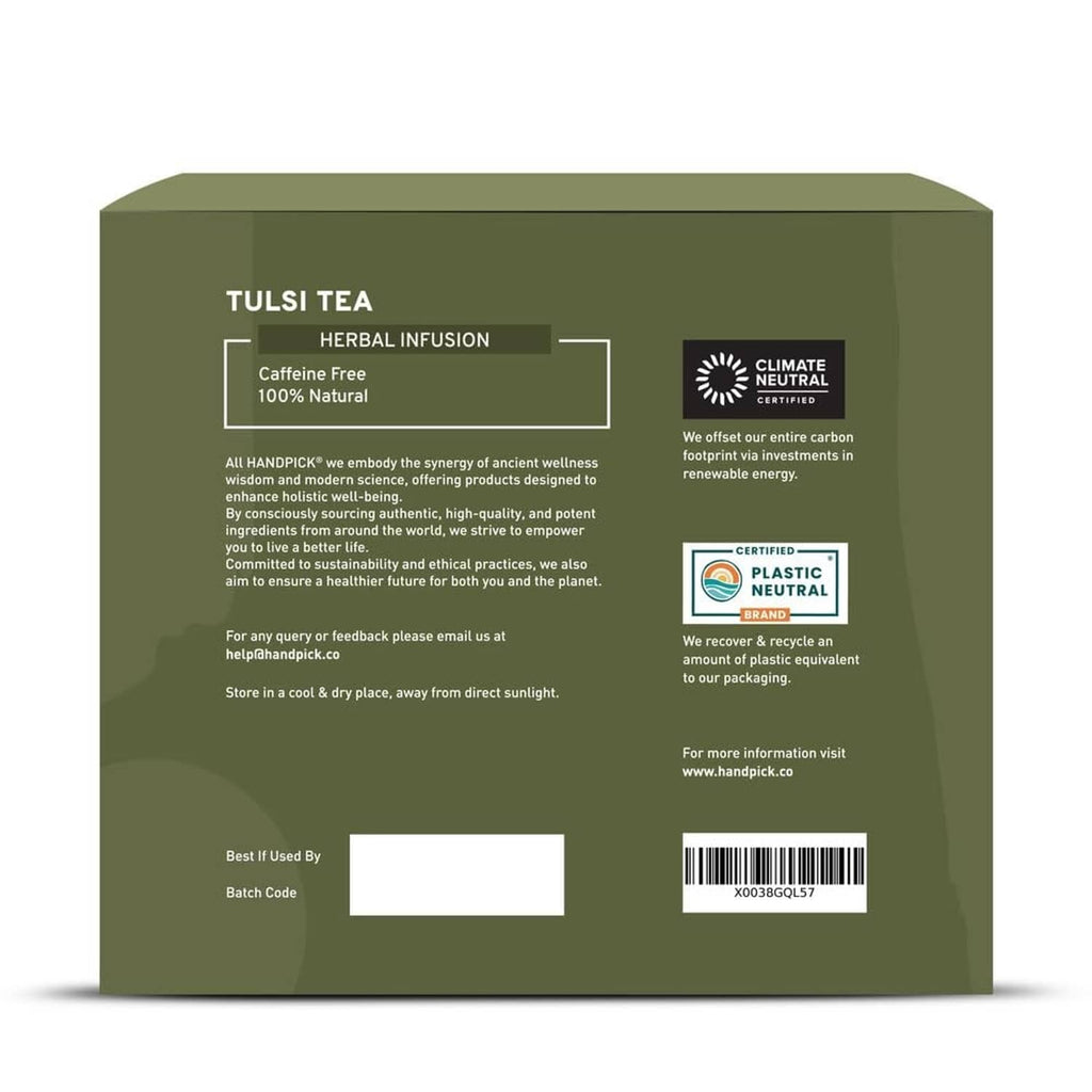 Tulsi tea herbal infusion box back panel with caffeine-free and Climate Neutral badge