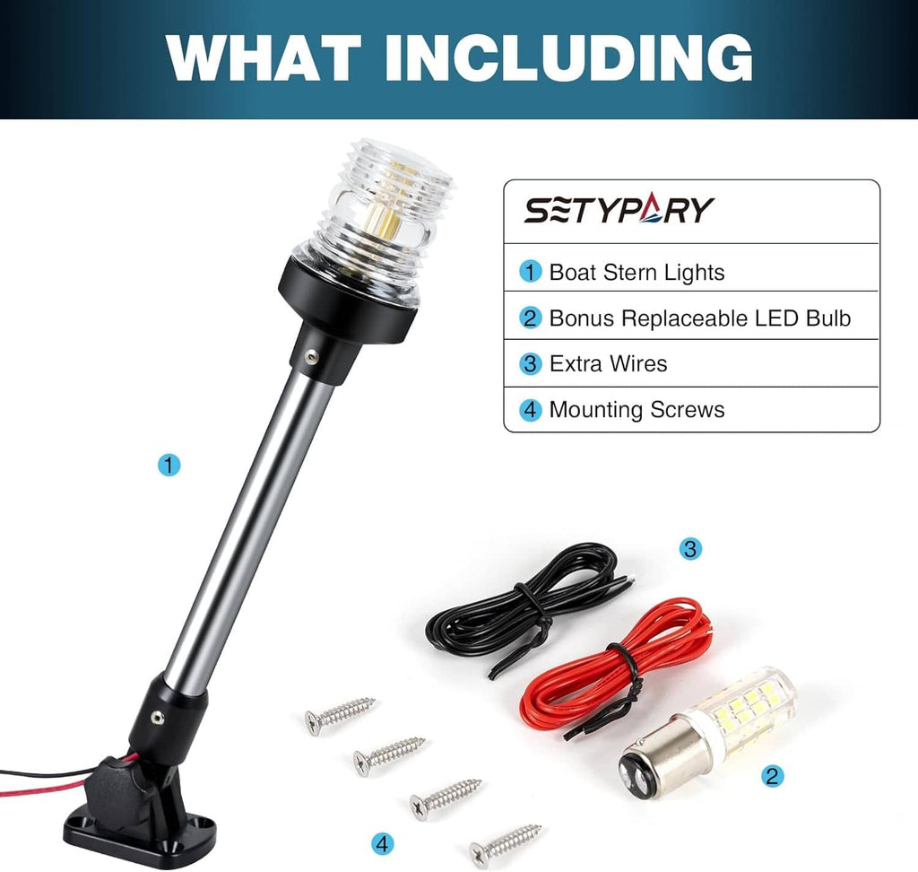 Boat stern anchor light kit with chrome pole, clear lens, black base, and bundled parts