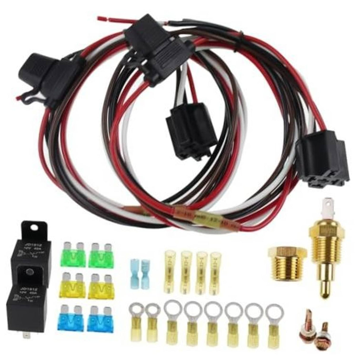 Dual electric fan relay kit with pre-wired harness, relays, fuses, terminals, and connectors