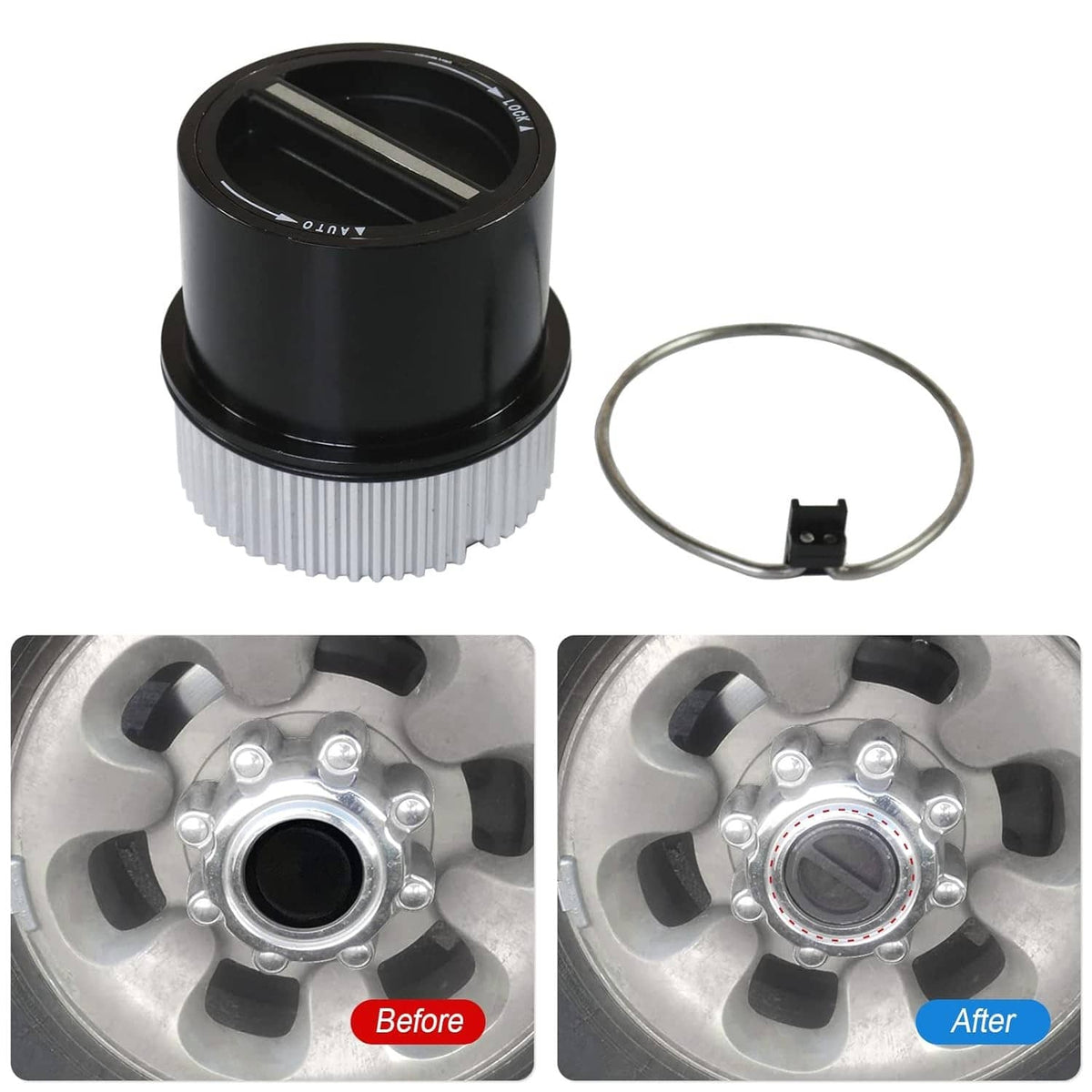 Black auto-locking hub with silver ribbed base; includes retaining ring and dust seal