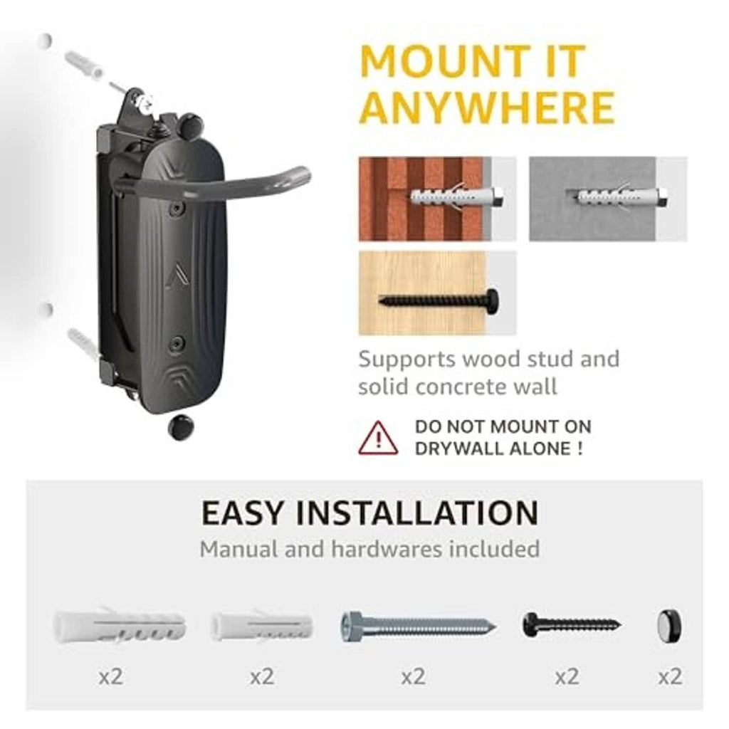 Black bike wall mount with mounting hardware and anchors for installing on walls