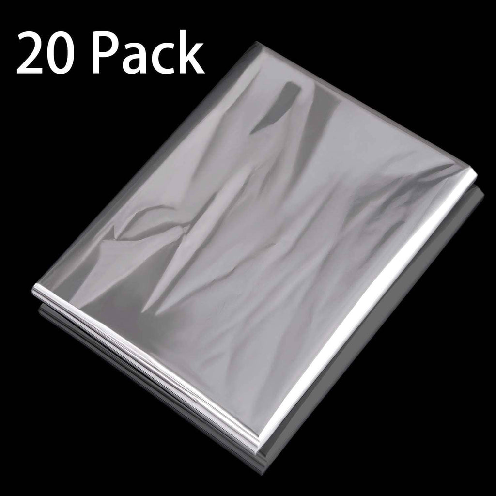 Silver cellophane wrap, 20-pack roll sheets for basket gift wrapping.