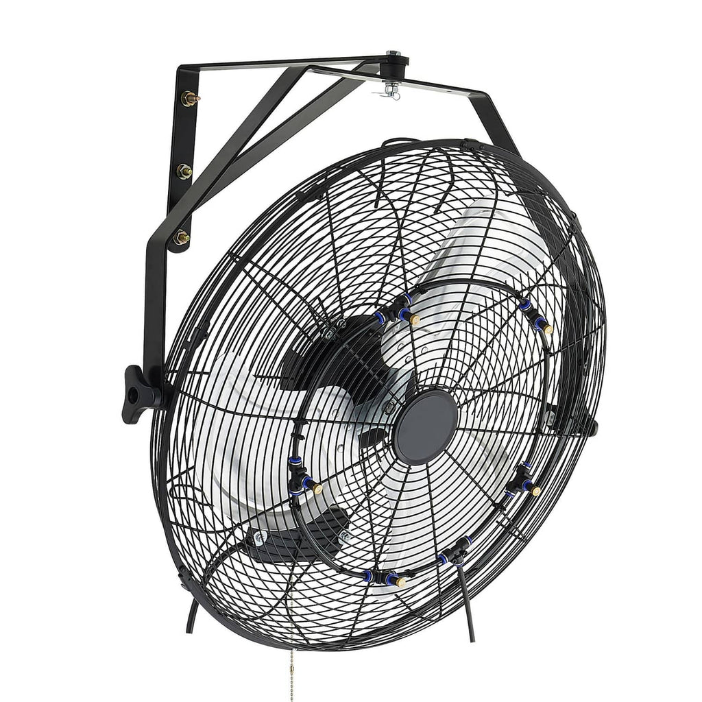 Front view of wall-mounted mist fan with black grille and blue-accent blades