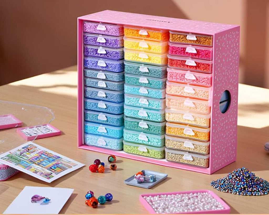 Diamond painting tray kit with multicolor stackable containers and clear snap lids in pink case