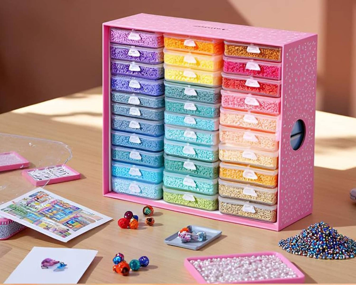 Diamond painting tray kit with multicolor stackable containers and clear snap lids in pink case