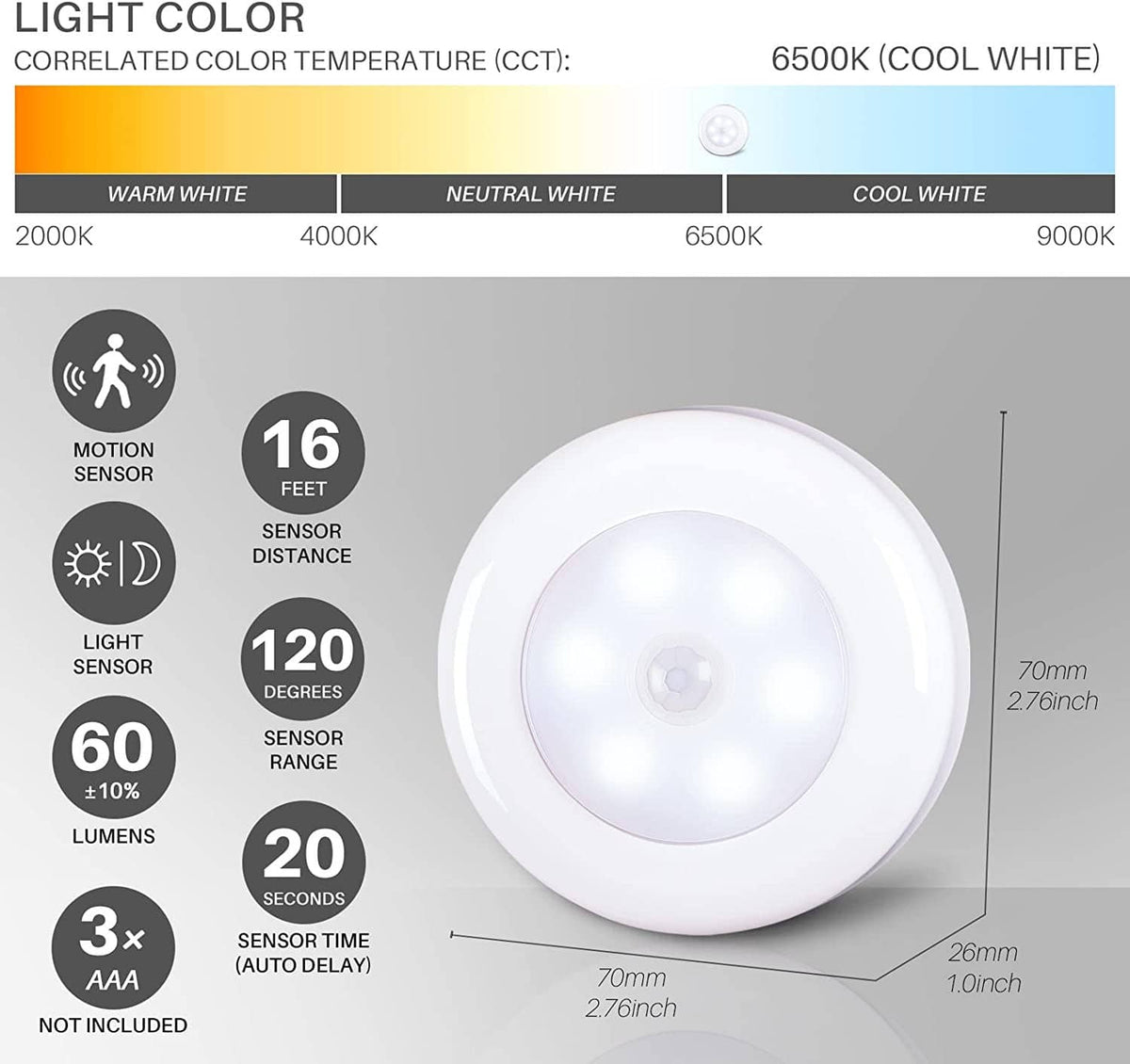 White LED motion sensor puck light with motion sensor and size dimensions