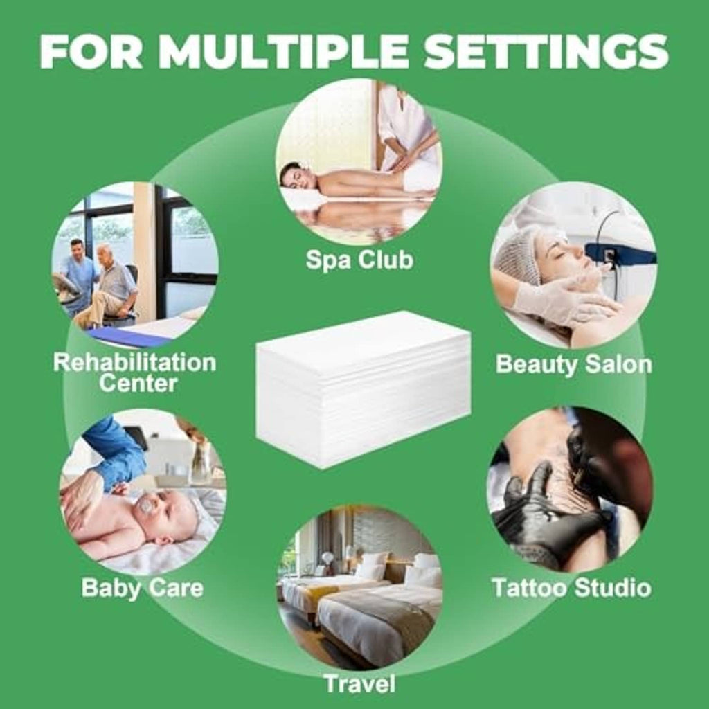 Graphic showing disposable bed sheets for multiple settings like spa and rehab