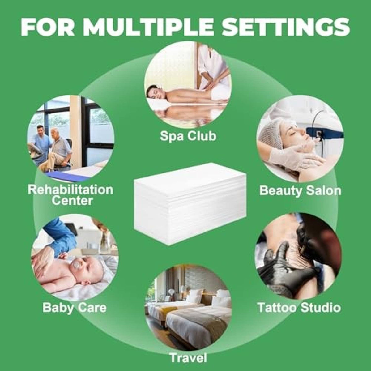 Graphic showing disposable bed sheets for multiple settings like spa and rehab