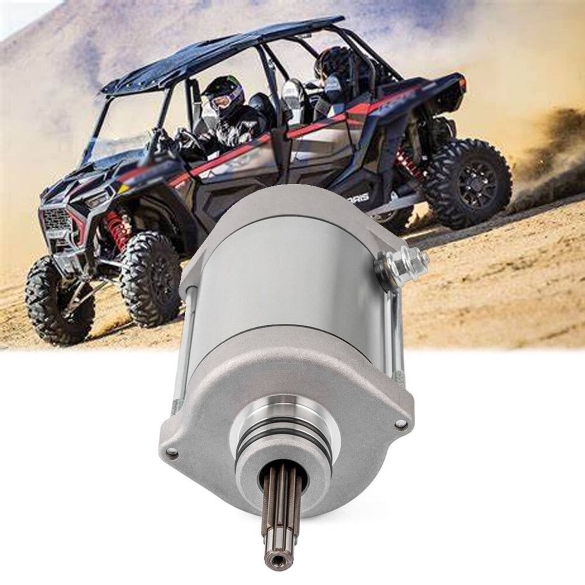 Starter motor with cylindrical aluminum housing and exposed drive shaft