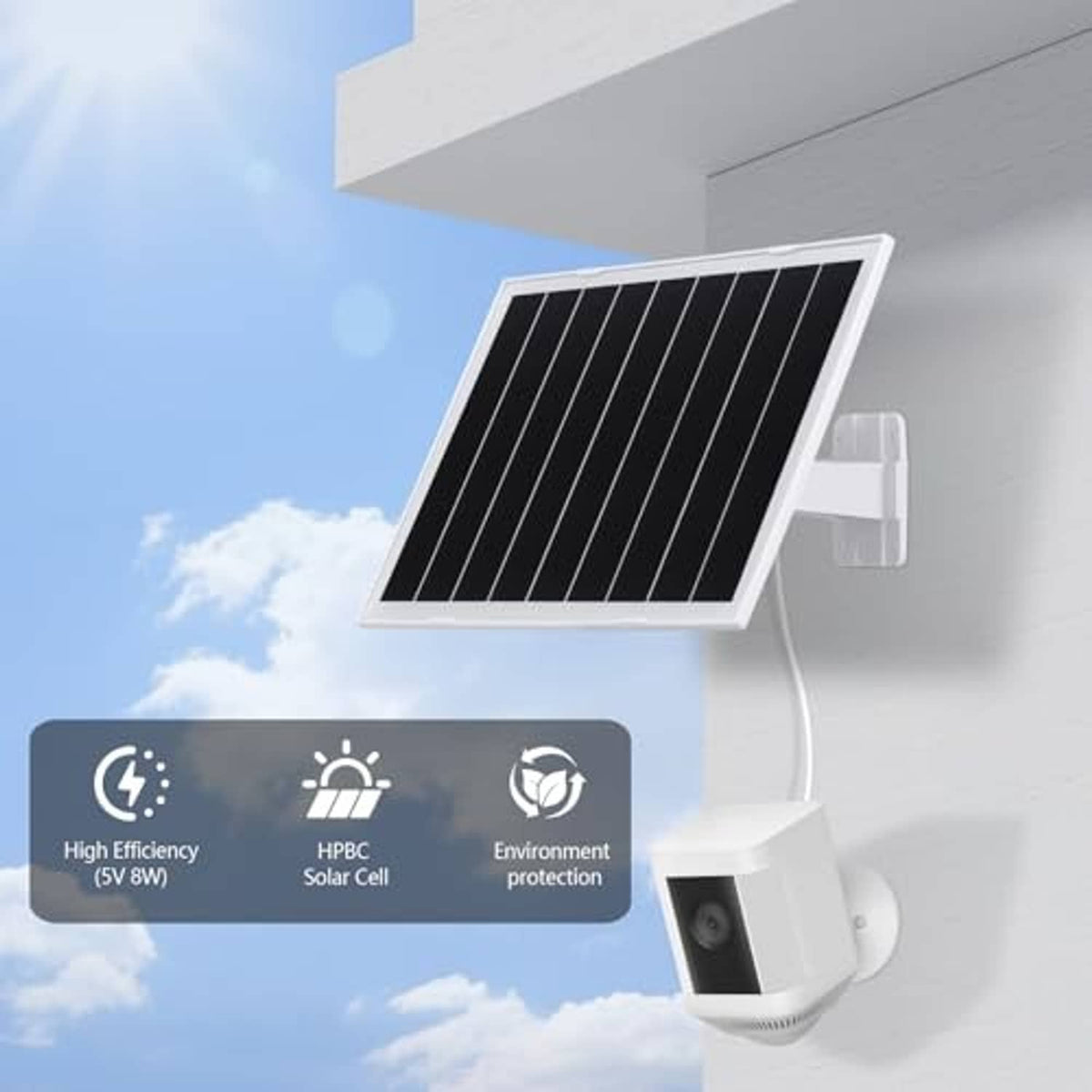 Wall-mounted solar panel charger with black panel and security camera charging setup