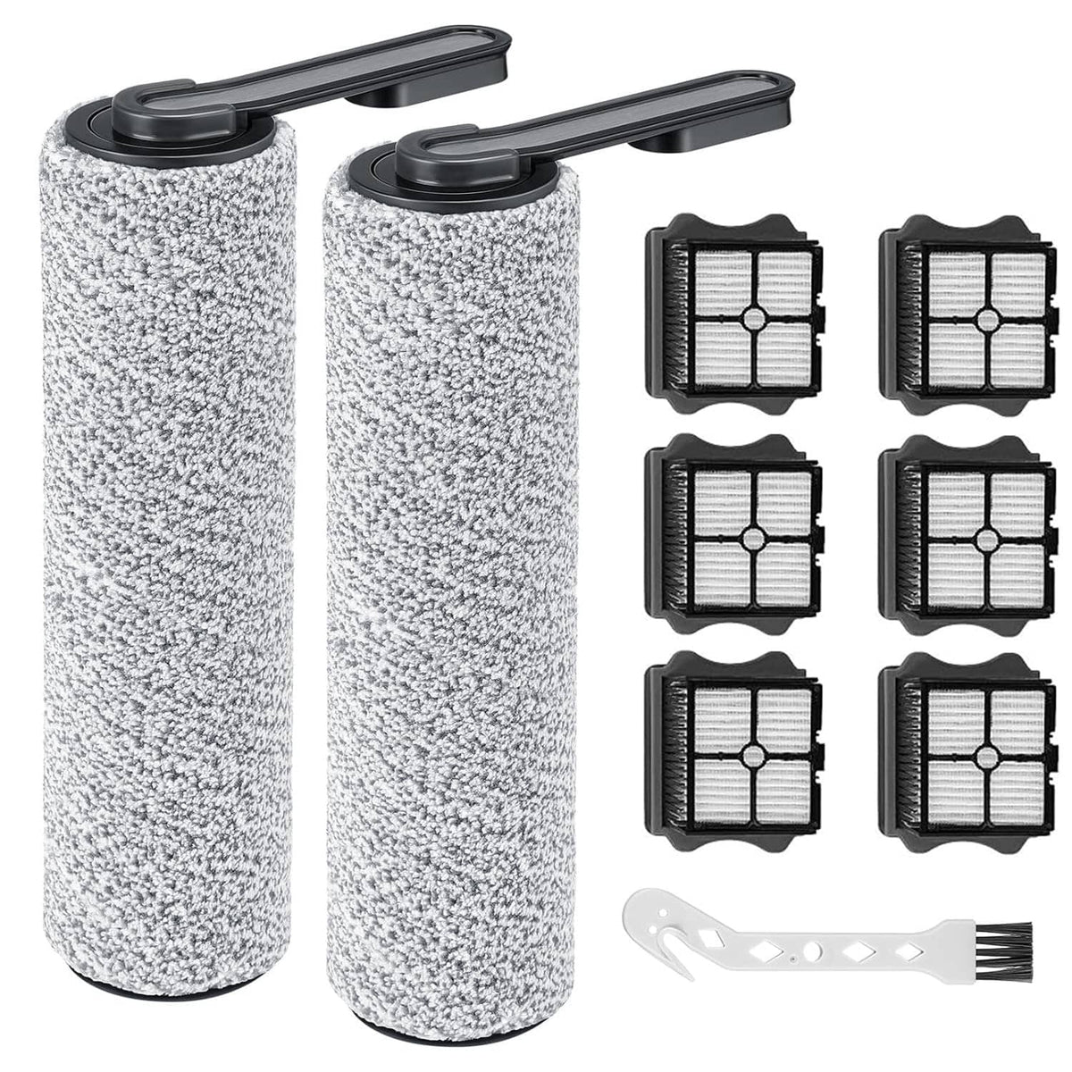 Speckled brush roller replacement set with black end caps and cleaning brush
