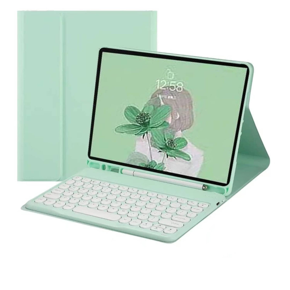 Mint green tablet keyboard case with folio stand and full-size white keys