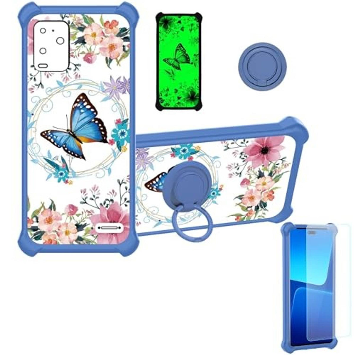 Blue floral phone case set with screen protector, green insert, and blue ring kickstand