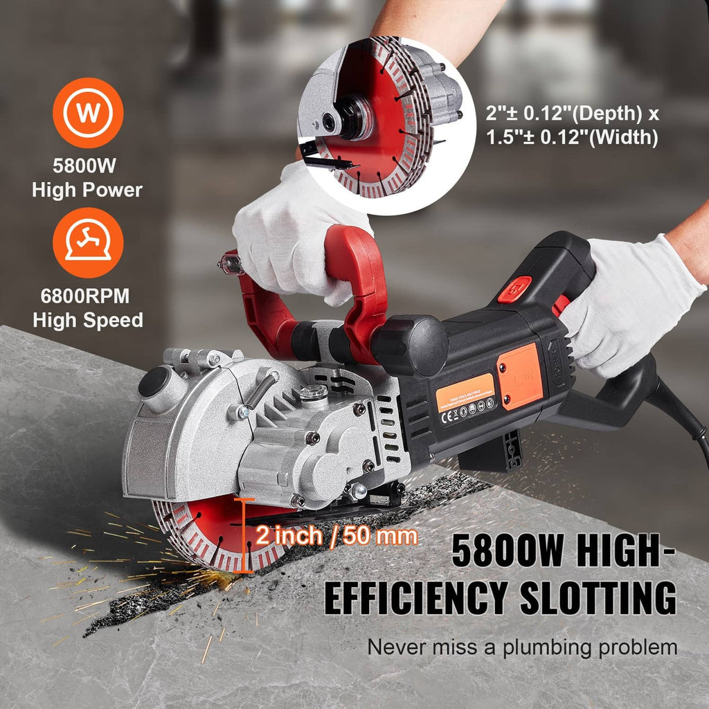 Handheld wall slotting machine with red body and black handle; gloved hands operating