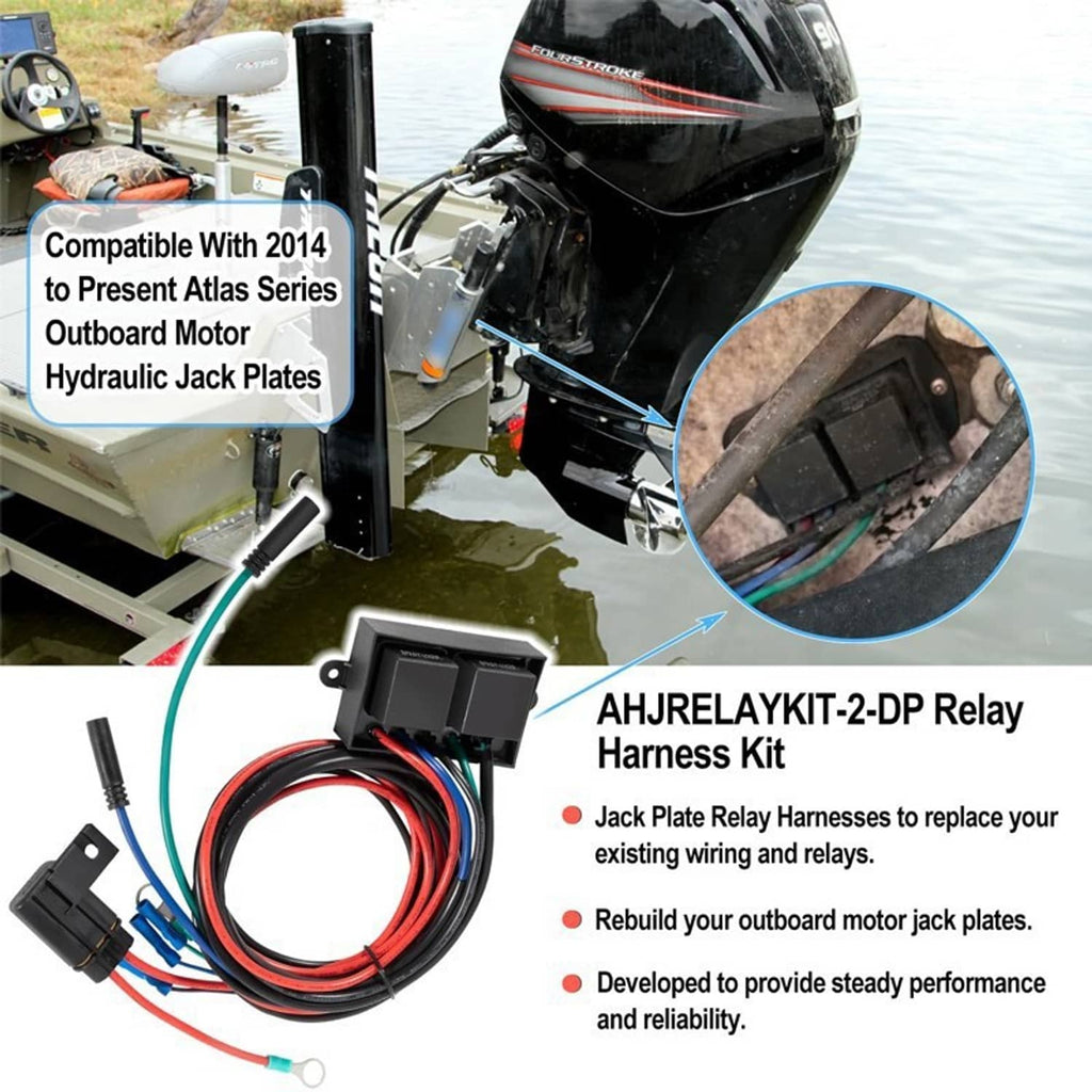 Relay harness kit installed near hydraulic jack plate on an outboard motor