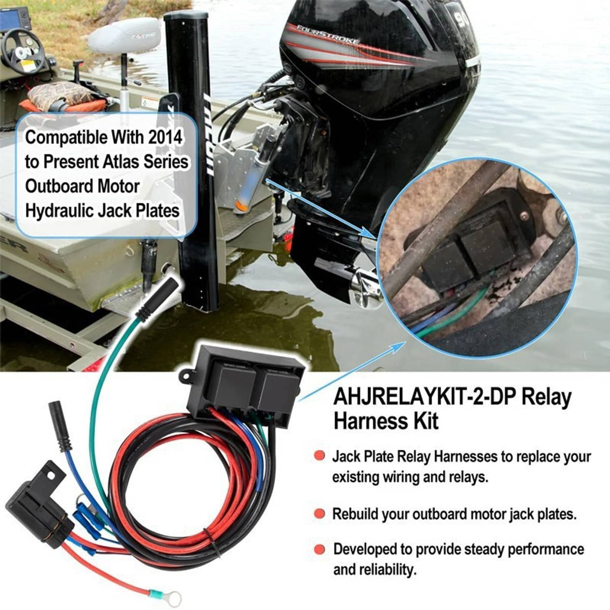 Relay harness kit installed near hydraulic jack plate on an outboard motor