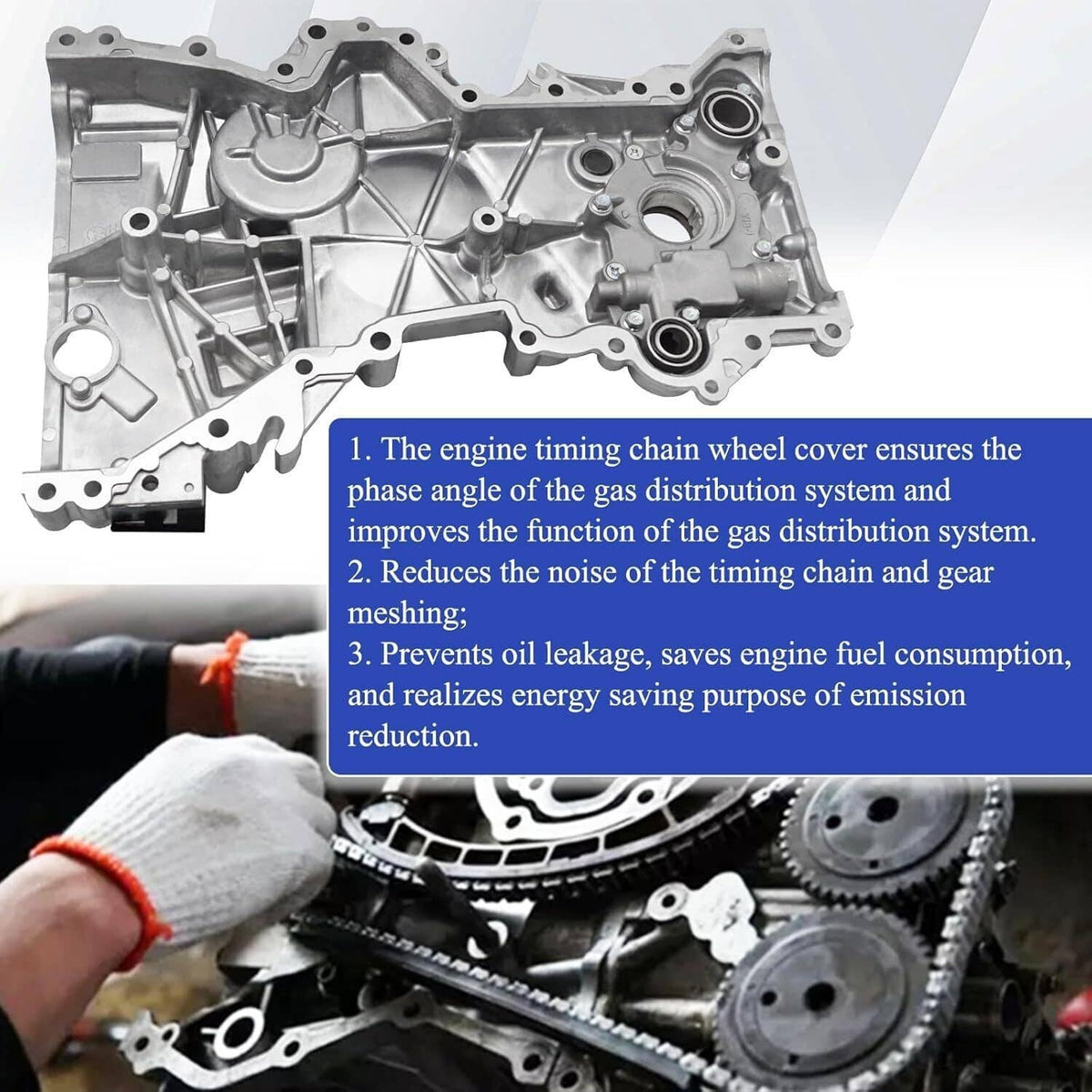 Metal engine timing chain cover with timing chain wheel and gear components