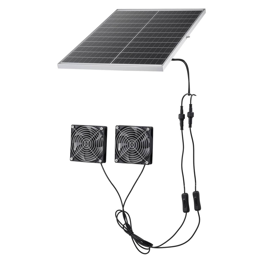 Solar panel kit with dual fan units and interconnecting power cables for ventilation