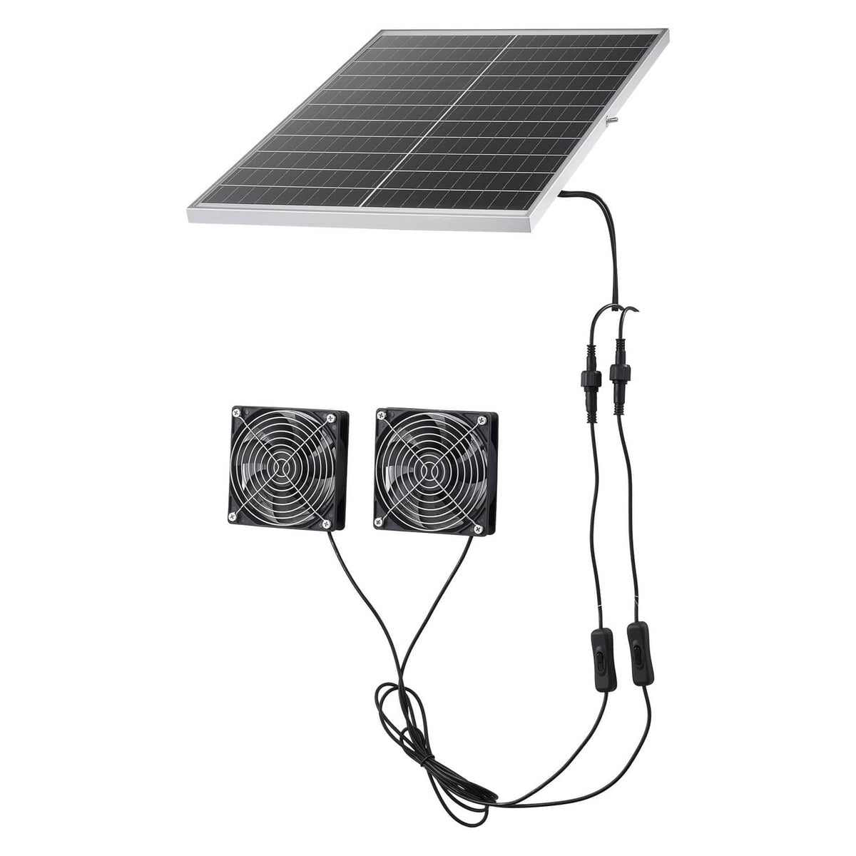Solar panel kit with dual fan units and interconnecting power cables for ventilation