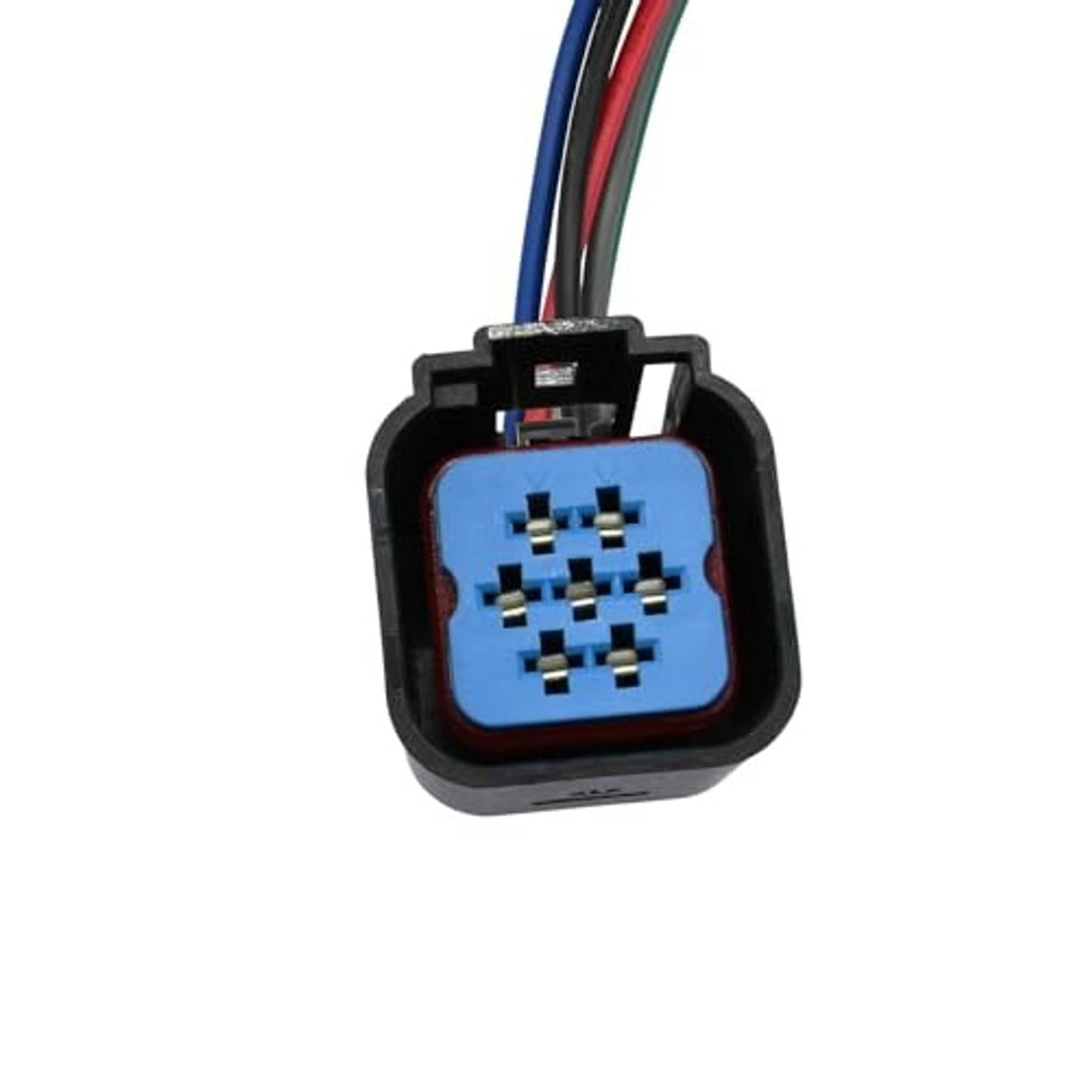 Headlight wiring harness connector pigtail with blue terminal insert and wiring leads