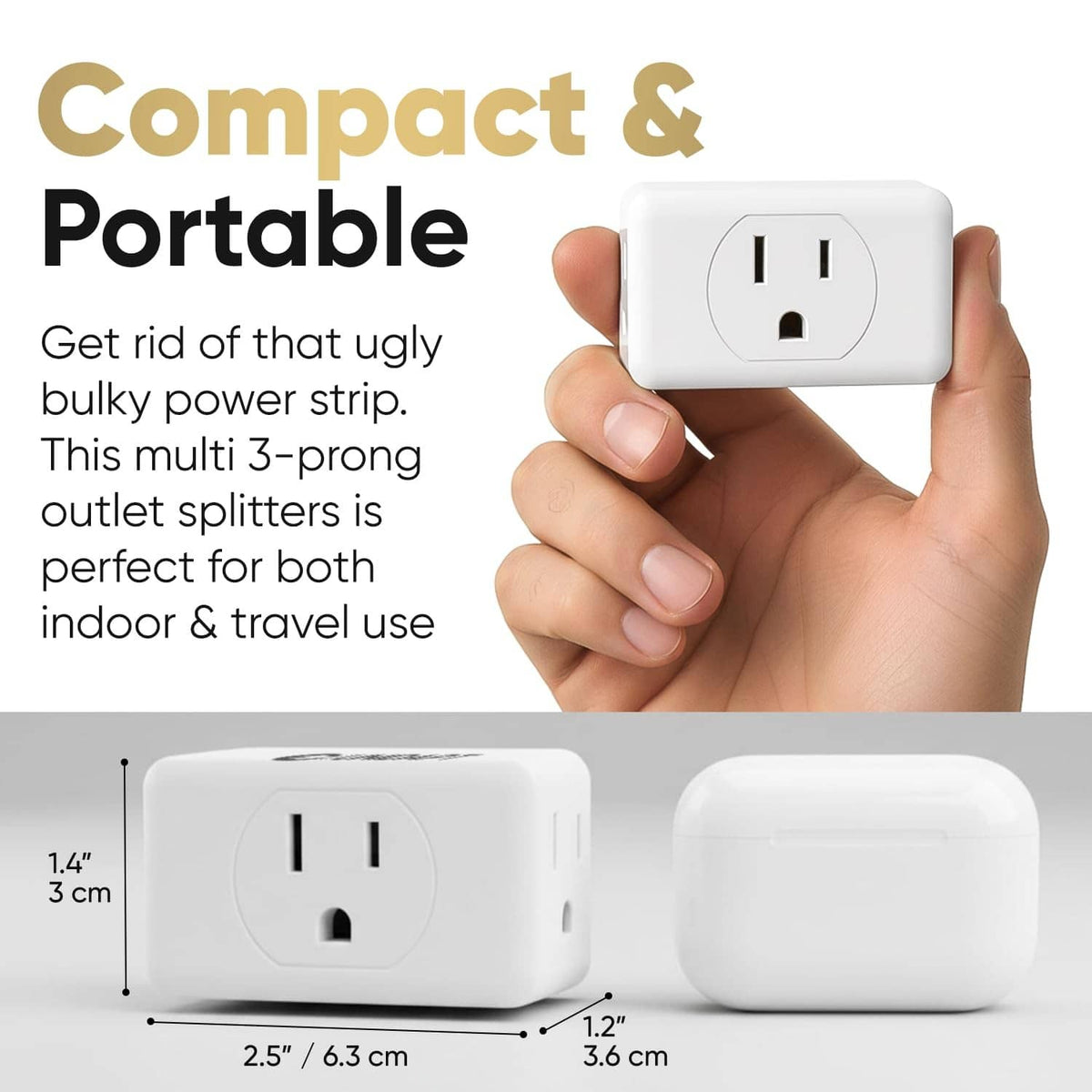 Compact white 3-prong outlet splitter adapter held in hand