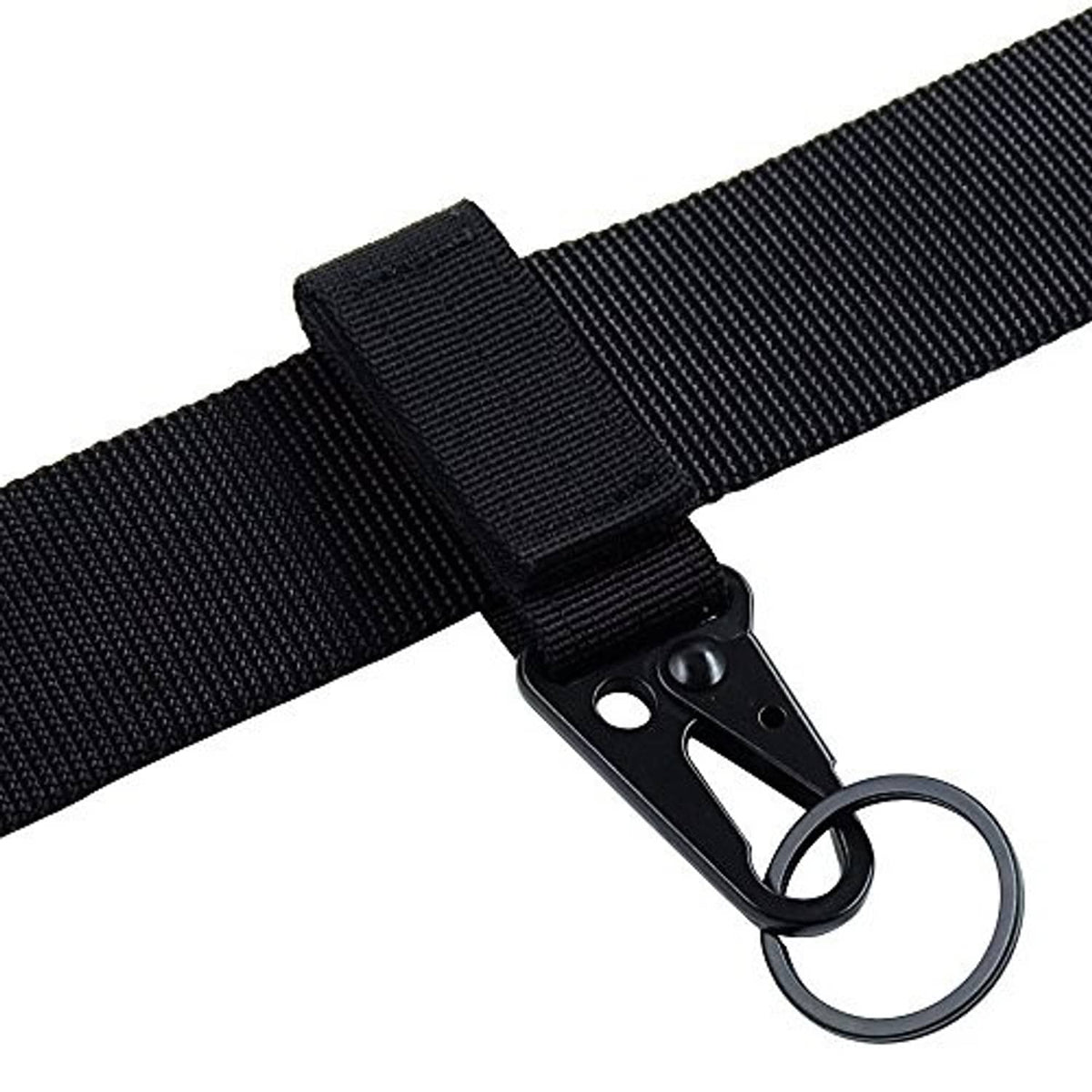 Black nylon strap with metal key ring clip and round key ring attachment