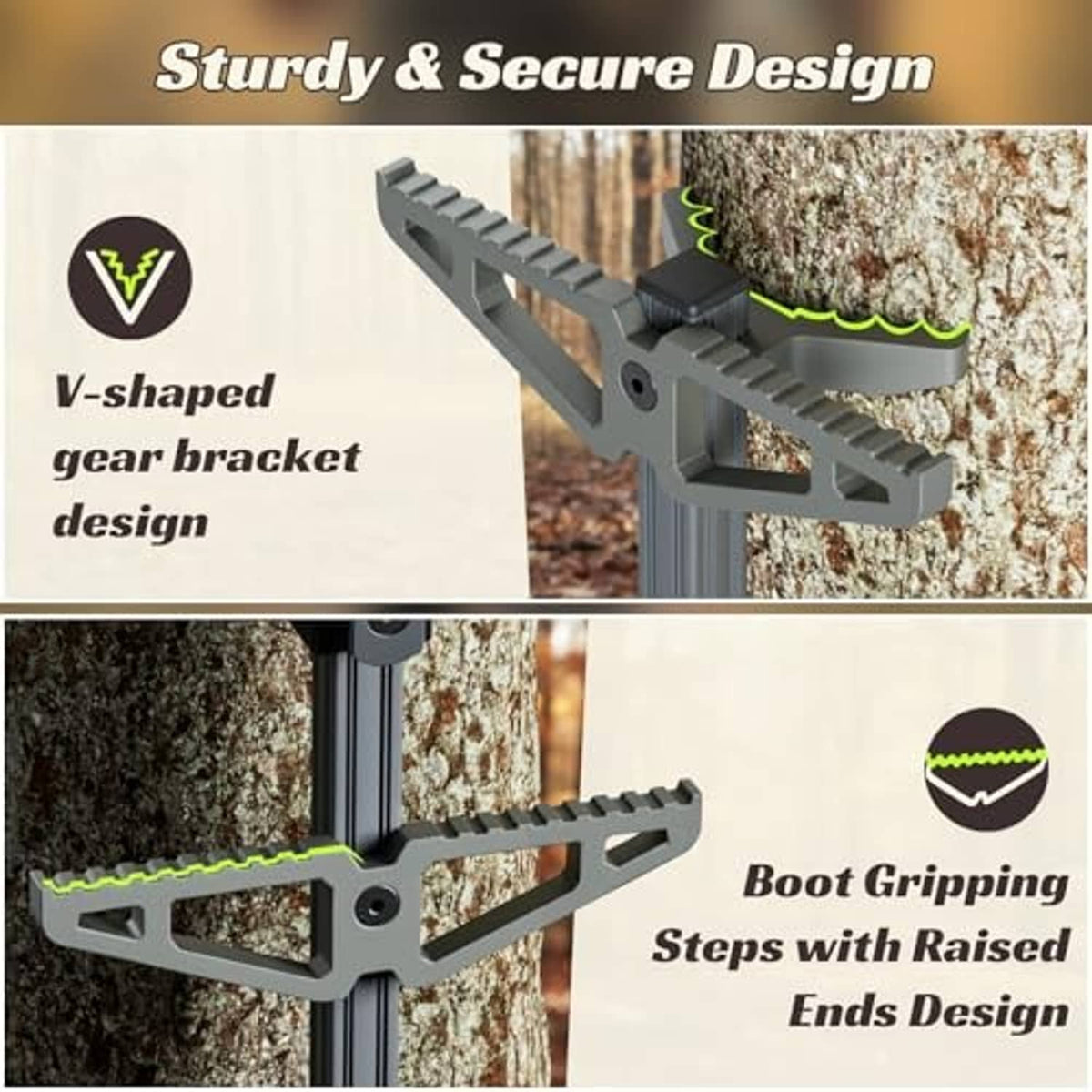 Gray tree-climbing step stick with raised ends for boot grip on tree bark
