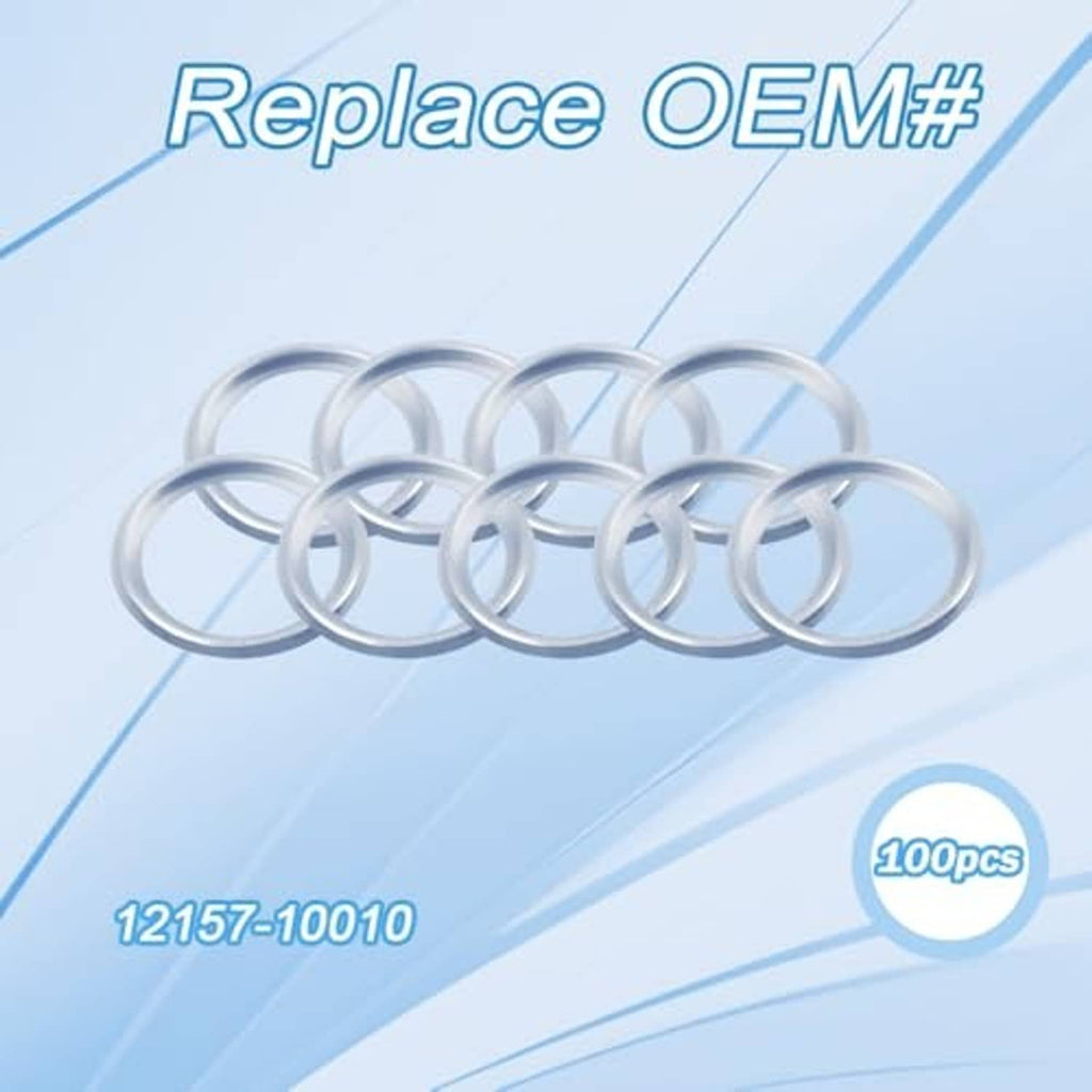 Oil drain plug gasket washers, silver crush seal rings laid out, 100 pcs
